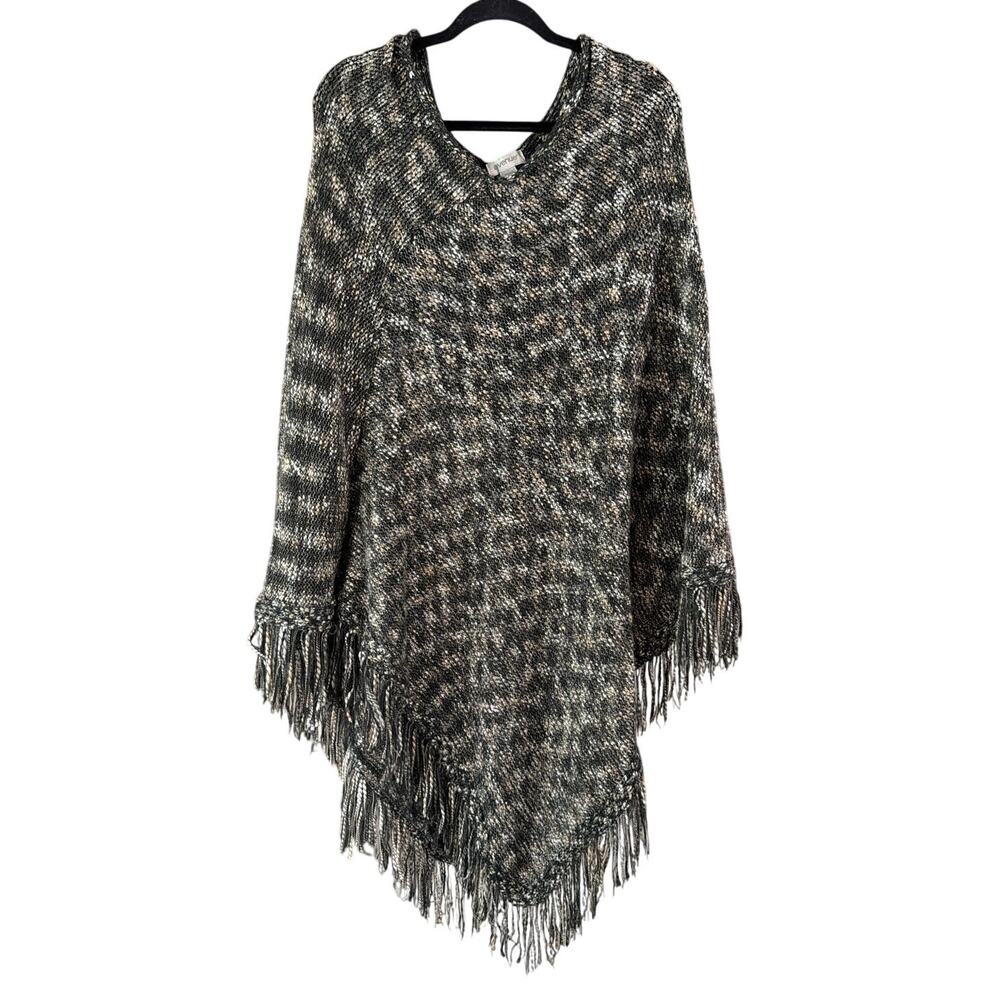 Avenue Women's Plus Size Black Gold Silver Fringe Knit Poncho One Size Plus